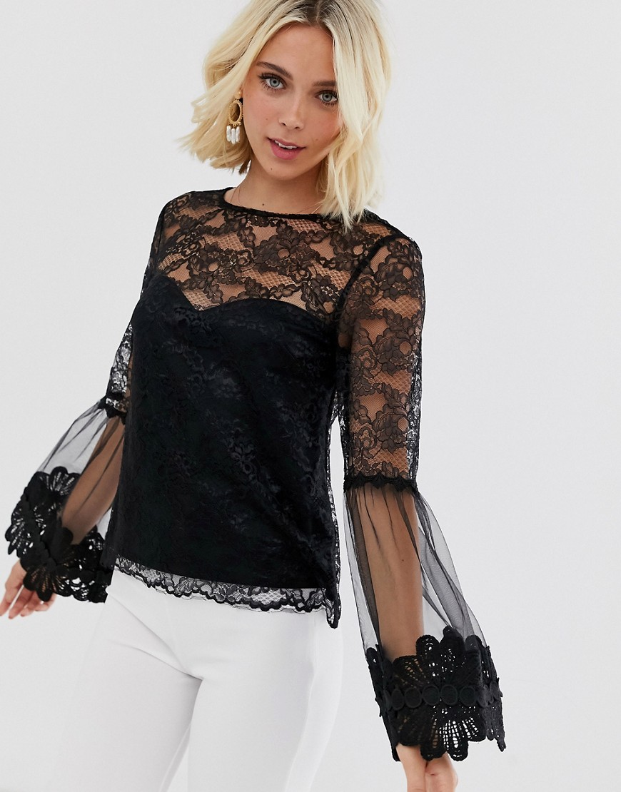 Little Mistress Lace Top With Statement Sleeve In Black