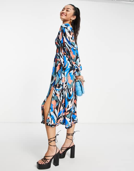 Little Mistress – Langärmeliges Midikleid mit quadratischem Ausschnitt in Blau