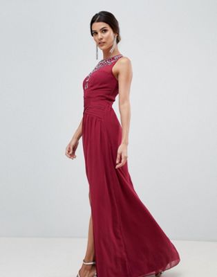 Little Mistress - Lange jurk met gedraaide voorkant en split-Rood