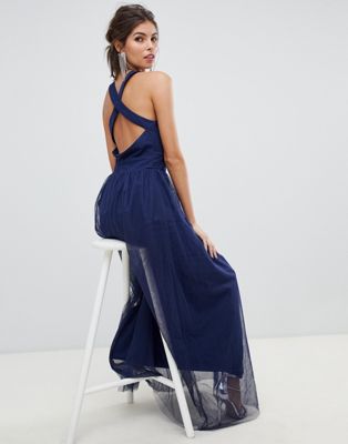 Little Mistress - Lange jurk met gekruidse bandjes en geplooide taille van mesh-Marineblauw