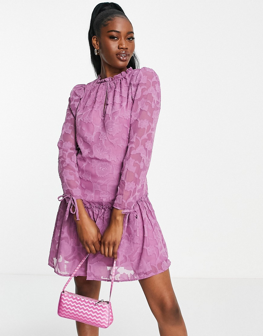 Little Mistress Long Sleeve Mini Dress With Ruffle Skirt In Lilac-purple