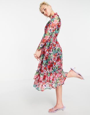 Little Mistress long sleeve ruffle detail skate midi dress in rose floral-Multi