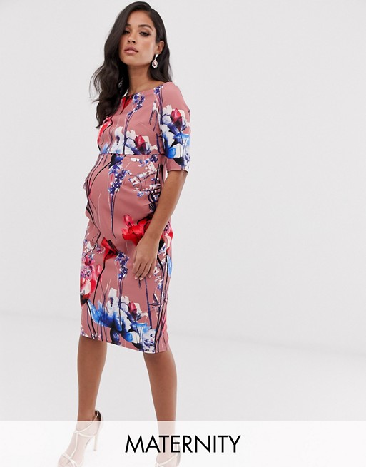 Little Mistress Maternity all over floral printed layered bardot pencil dress in multi