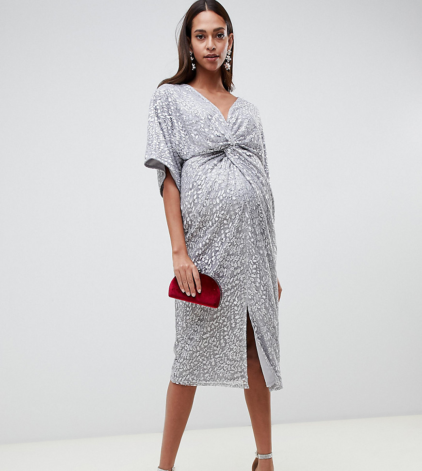 Little Mistress Maternity all over sequin knot front midi dress in silver