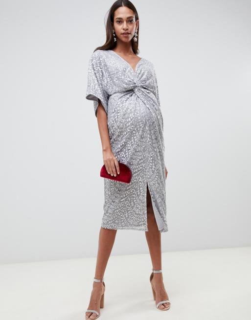 Little Mistress Maternity all over sequin knot front midi dress in