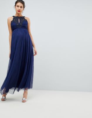 Little Mistress Maternity Applique High Neck Maxi Dress-Navy