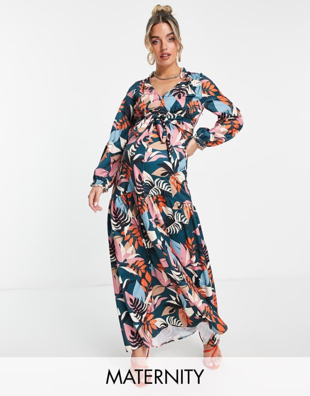 Little Mistress Maternity balloon sleeve maxi tea dress in botanical print