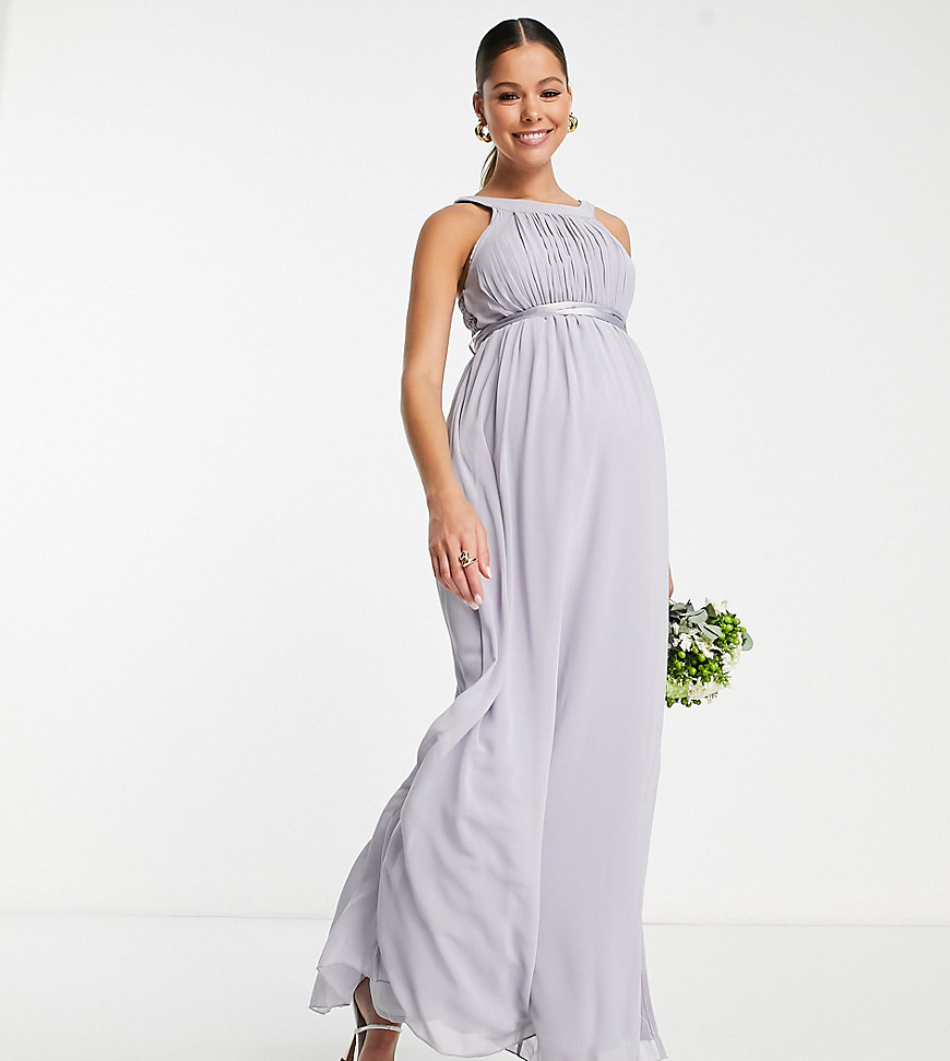 Little Mistress Maternity Bridesmaid Open Shoulder Maxi Dress In Gray Blue