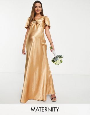 Little Mistress Maternity Bridesmaid tea dress in golden caramel