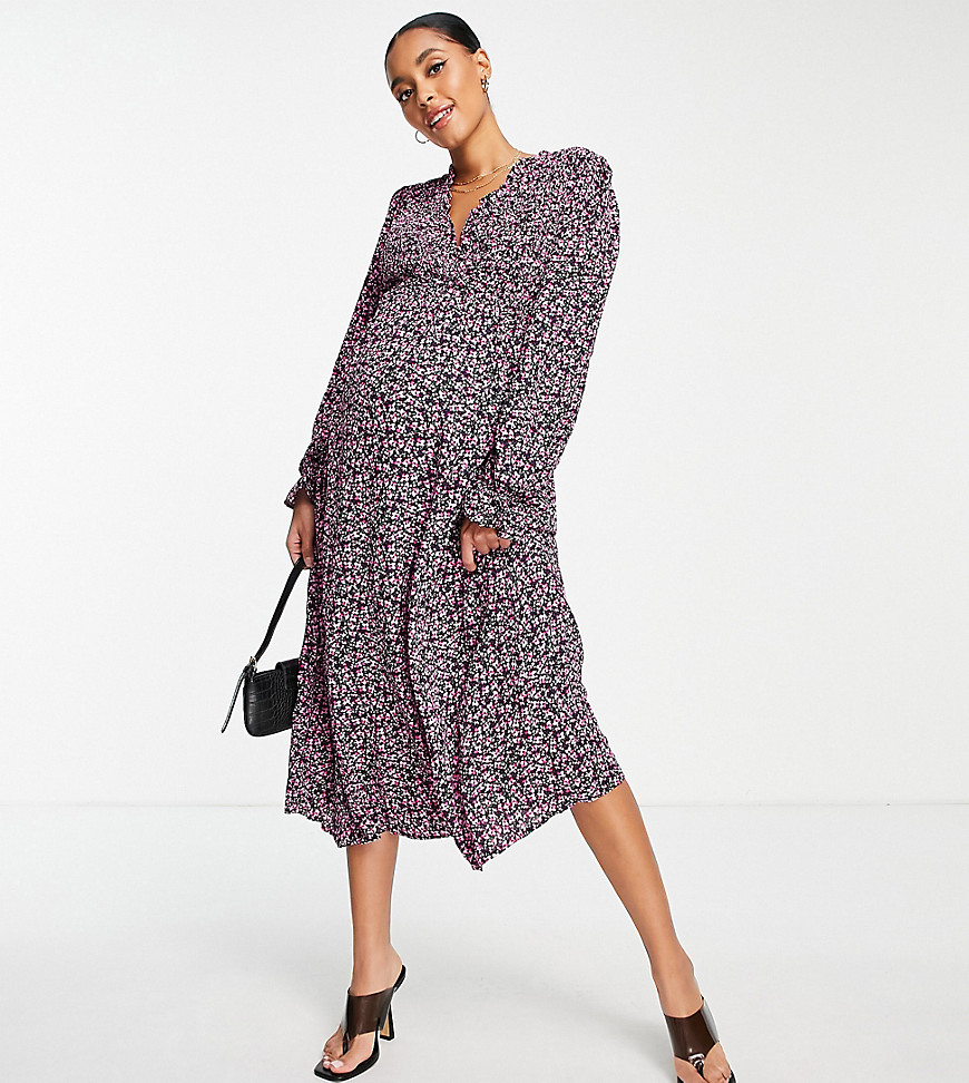 Little Mistress Maternity by Vogue Williams ditsy print long sleeve dress in pink