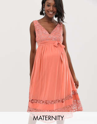 contrast lace full prom midi skater dress in coral Little Mistress Maternity