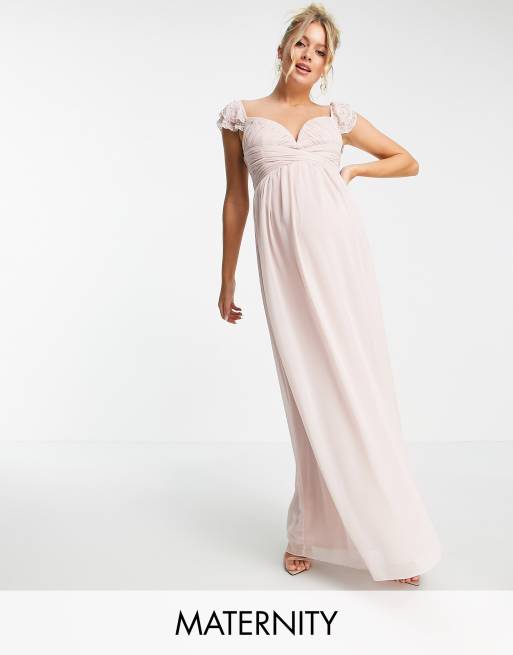 Little Mistress Maternity embellished flutter sleeve twist waist maxi dress in blush