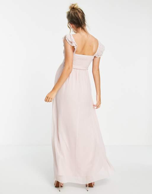 Little Mistress Maternity embellished flutter sleeve twist waist maxi dress in blush, 2 of 4