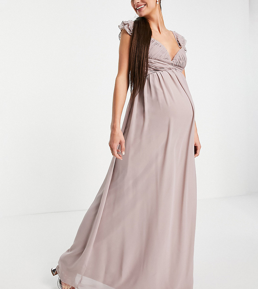 Little Mistress Maternity embellished flutter sleeve twist waist maxi dress in oyster gray-Grey