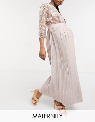 Little Mistress Maternity embellished midi pleated dress in mink-Pink