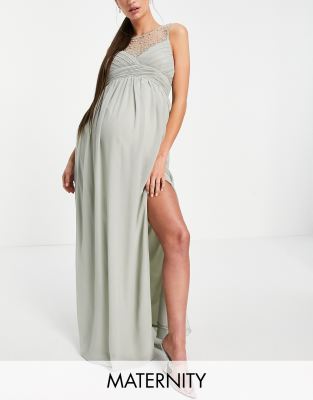 Little Mistress Maternity embellished yolk pleated maxi dress in sage green