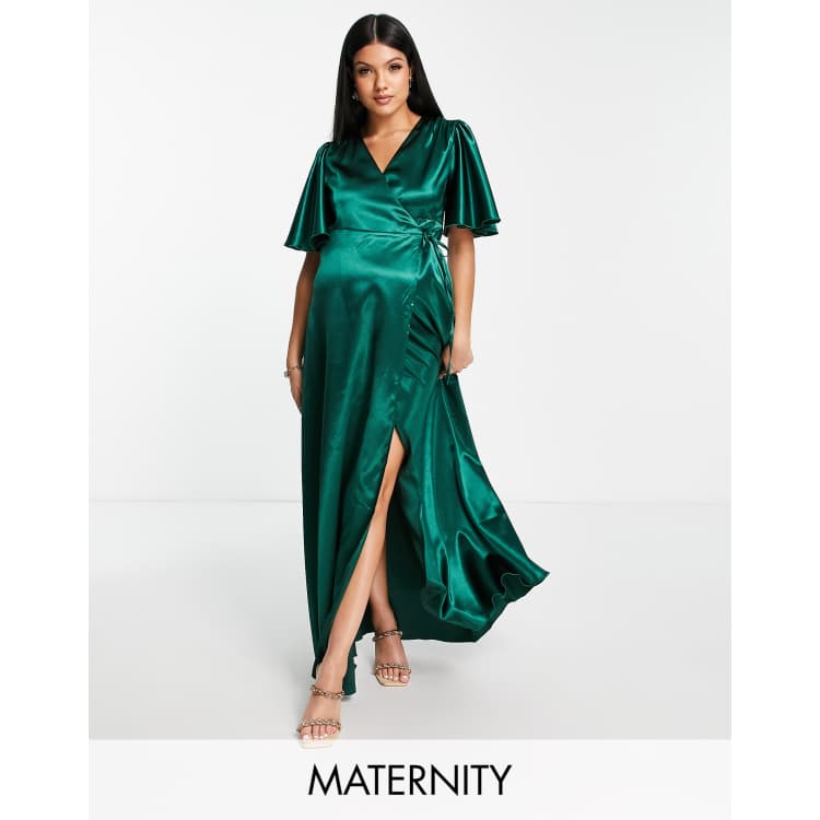 Little Mistress Maternity flutter sleeve satin maxi dress in emerald green ASOS