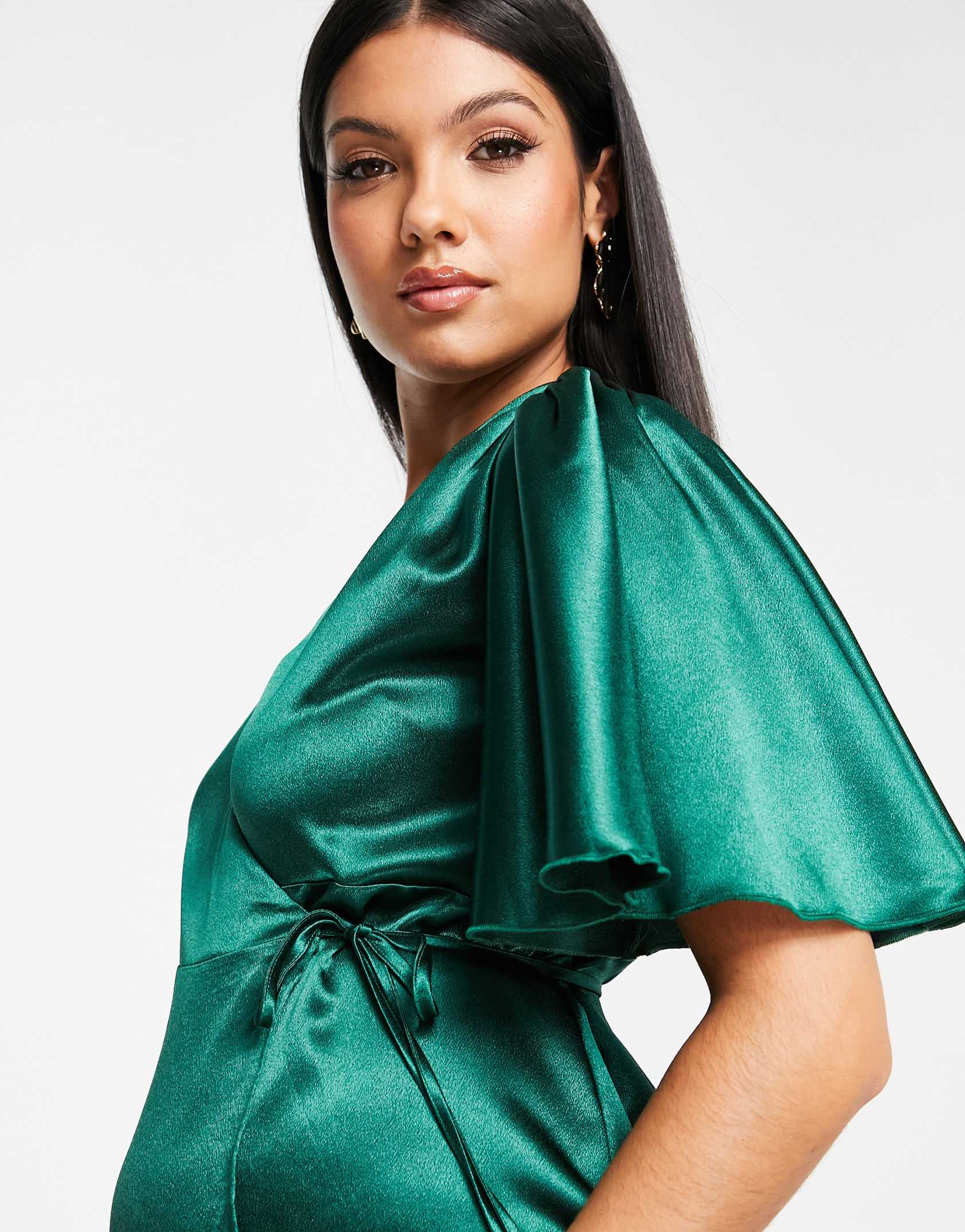 Little Mistress Maternity flutter sleeve satin maxi dress in emerald green ASOS Price Checker