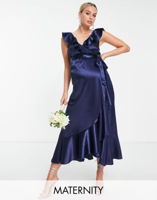 Little Mistress Maternity frill wrap dress in navy - ASOS Price Checker