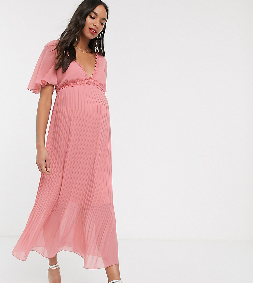 Little Mistress Maternity - Geplooide midi-jurk met kanten inzetstuk in roze
