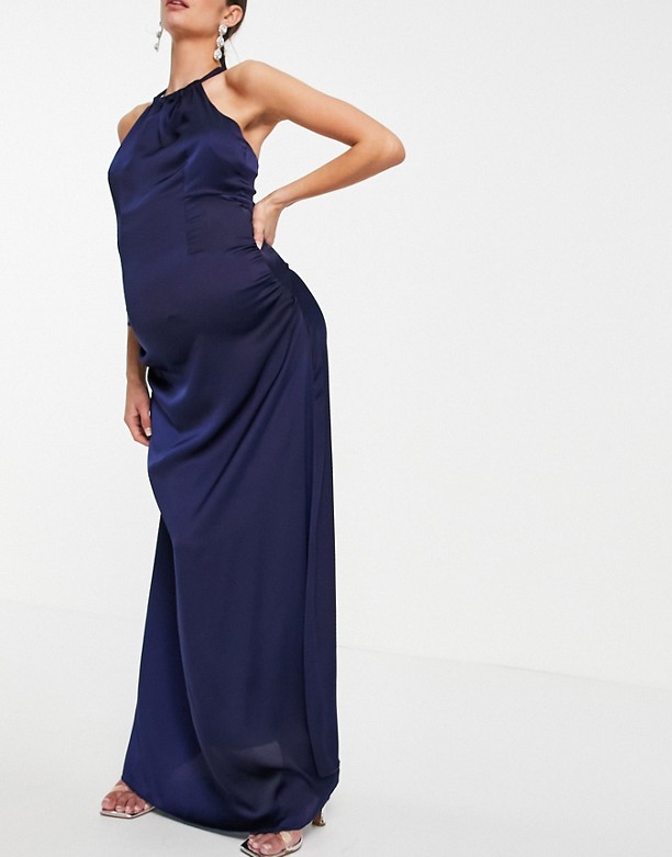  Dla Obu Płci Little Mistress Maternity – Granatowa asymetryczna sukienka midaxi z dekoltem typu halter Granatowy