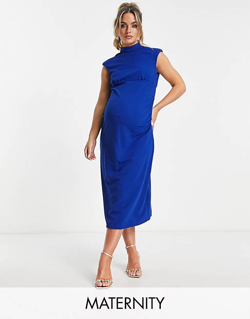 Little Mistress Maternity high neck midi dress in cobalt blue