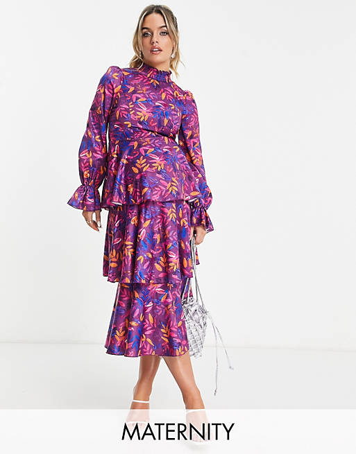 Little Mistress Maternity high neck midi dress with ruffles in dark floral