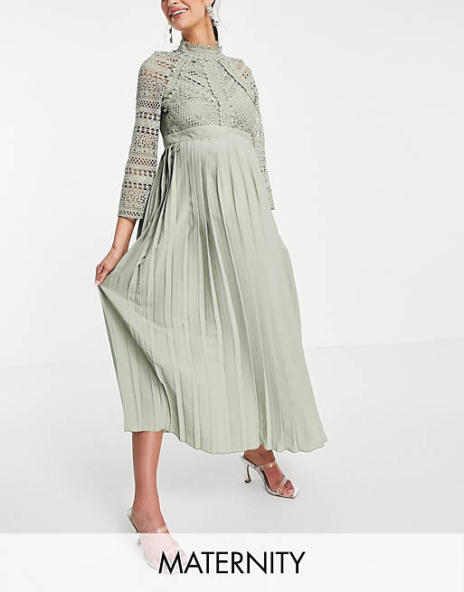Dresses Little Mistress Maternity lace detail midaxi dress in sage green 