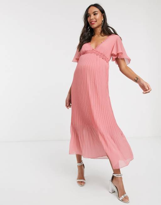 little mistress pink lace dress Little Mistress Maternity lace insert pleat midi dress in pink