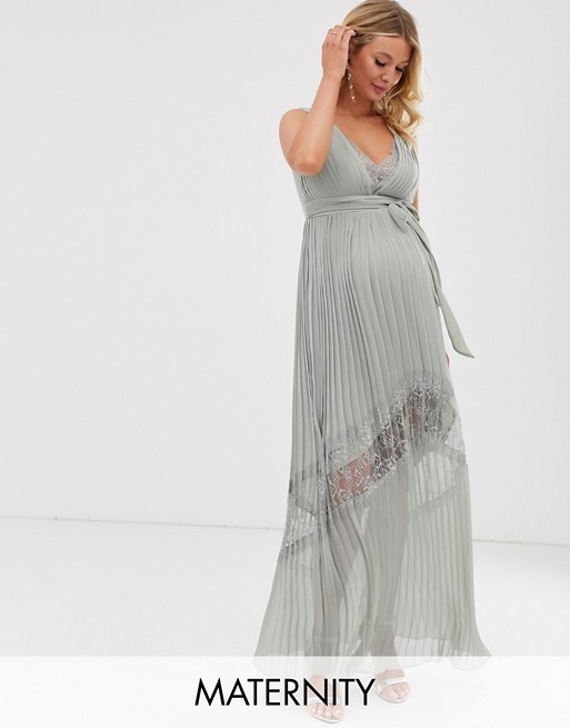 Little Mistress Maternity lace insert pleated maxi dress in waterlily