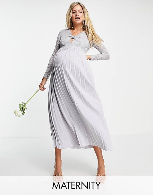Little Mistress Maternity lace top pleated skater midi dress in dove gray