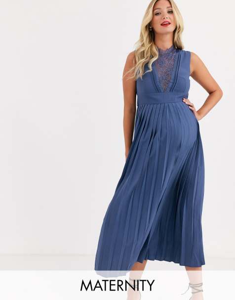 Little Mistress Maternity – Midikleid in Lavendelgrau mit Spitzenbsatz und plissiertem Rock