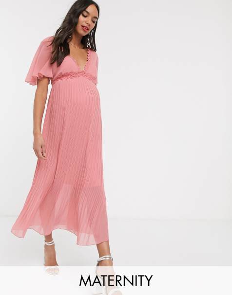 Little Mistress Maternity – Midikleid in Rosa mit Spitzeneinsätzen und plissiertem Rock