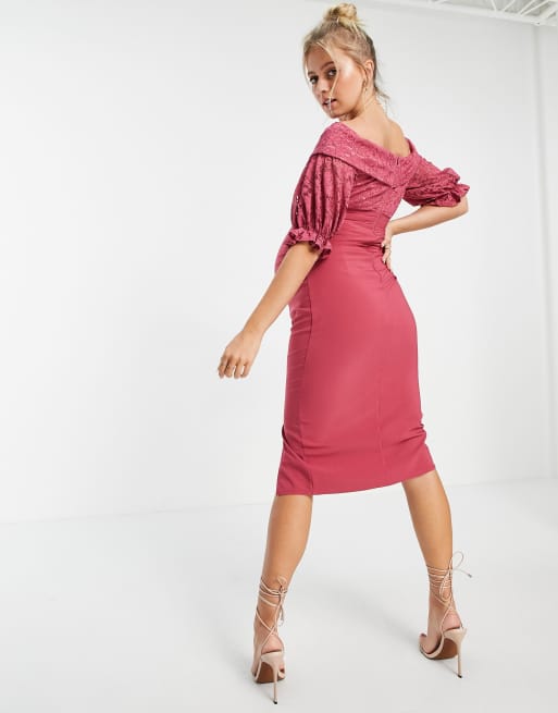 Little Mistress Maternity off shoulder flutter sleeve midi dress with split in cosmetic rose, 2 of 4