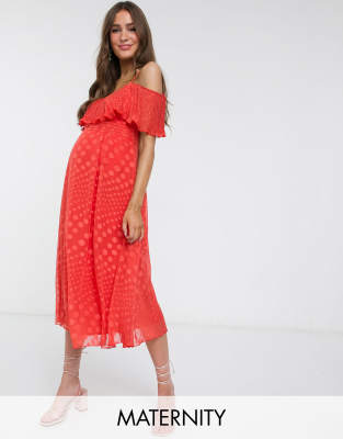 Little Mistress Maternity off shoulder skater dress in spot jacquard in orange