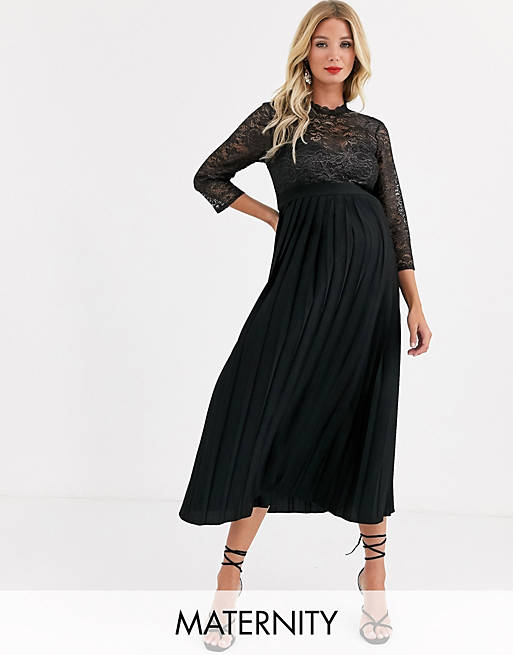Little Mistress Maternity pleated midaxi dress with metallic lace in black