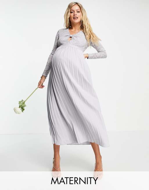 Little Mistress Maternity - Robe patineuse mi-longue plissée avec haut en dentelle - Gris tourterelle