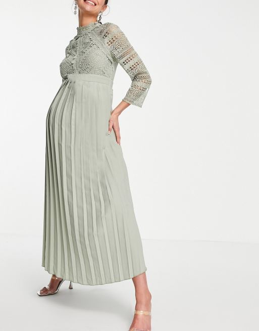Little Mistress Maternity – Salviagrön midaxiklänning med spetsdetalj, 4 av 4