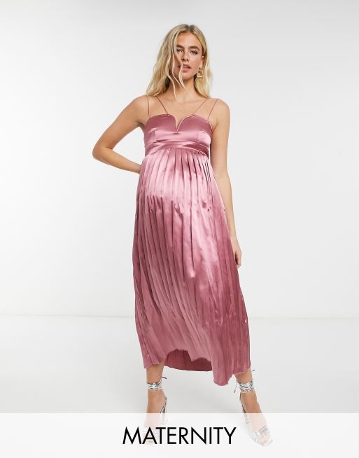 Little Mistress Maternity satin midi dress with pleated skirt in berry