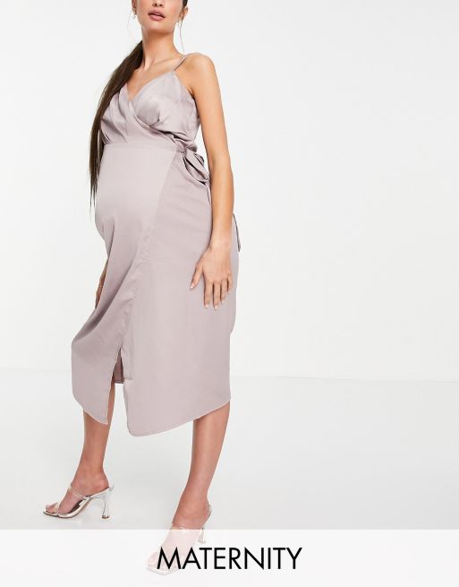 ASOS DESIGN Maternity stretch satin wrap midi dress in rose pink