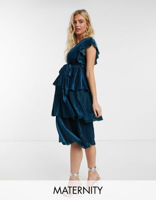 Little Mistress Maternity striped velvet tiered midi dress in teal blue-Green