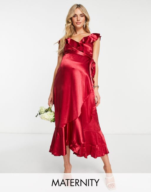 Little Mistress Maternity – Sukienka kopertowa z falbanką w kolorze jesiennej czerwieni
