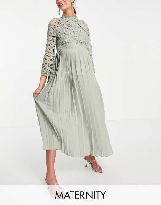Little Mistress Maternity - Vestito con gonna al polpaccio con dettagli in pizzo verde salvia