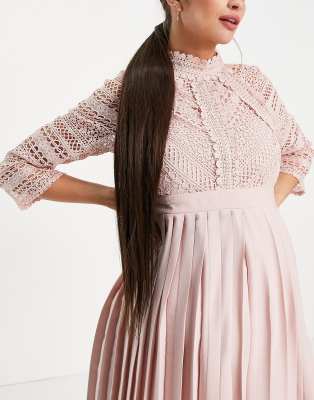 Vestito lungo rosa cipria con dettagli in pizzo - Little Mistress Maternity  donna Rosa - immagine1