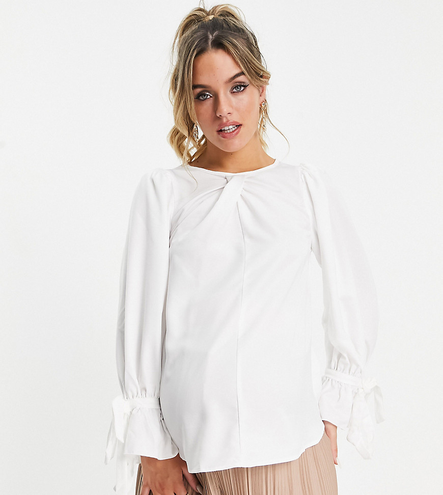 Little Mistress Maternity white satin blouse with tie cuffs