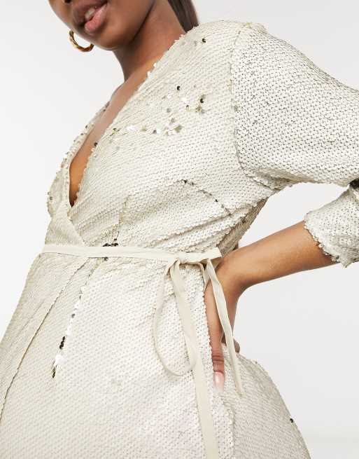 Little Mistress Maternity wrap front velvet sequin mini dress in ivory, 3 of 4