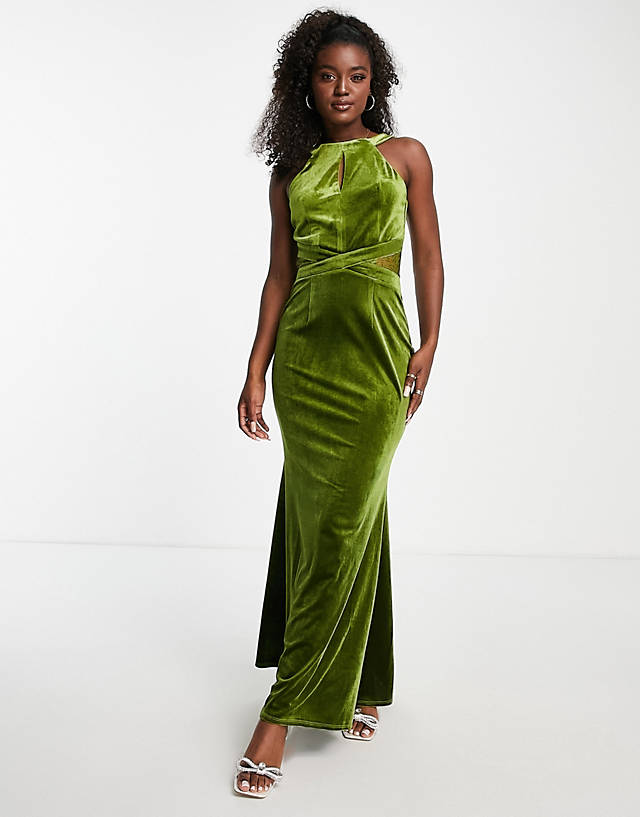 Little Mistress - maxi dress with keyhole detail in olive green velvet