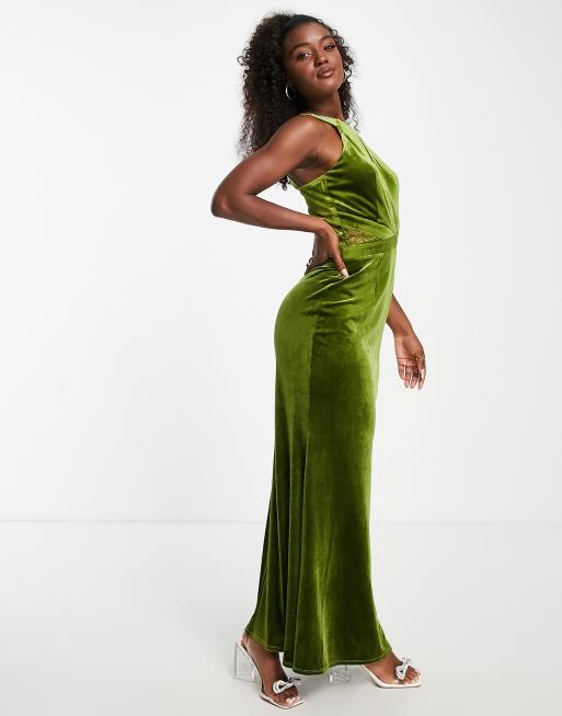 Little Mistress maxi dress with keyhole detail in olive green velvet