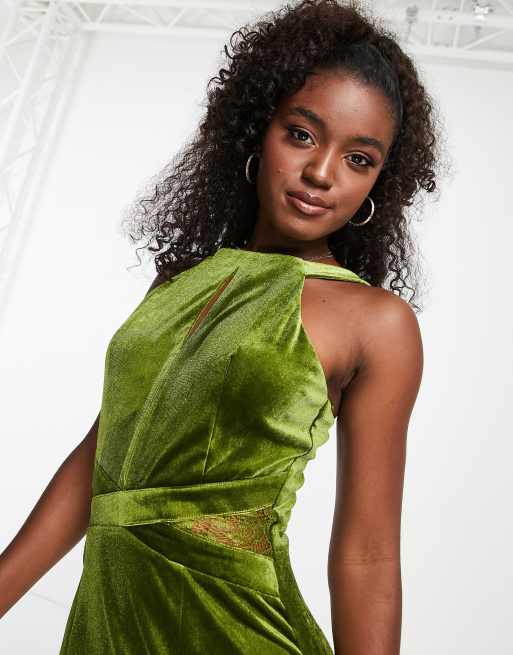 Little Mistress maxi dress with keyhole detail in olive green velvet