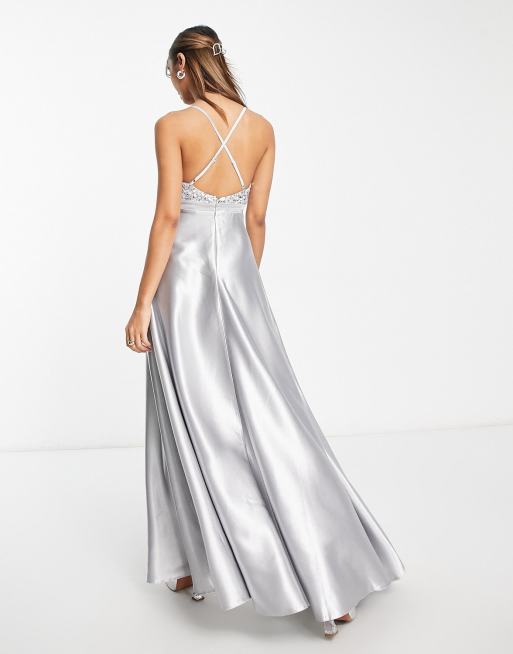 Little Mistress maxi dress with sequin bodice in silver | ASOS